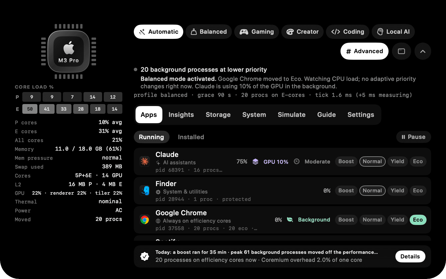 The Coremium notch panel, Advanced tab: the numbers behind it.
