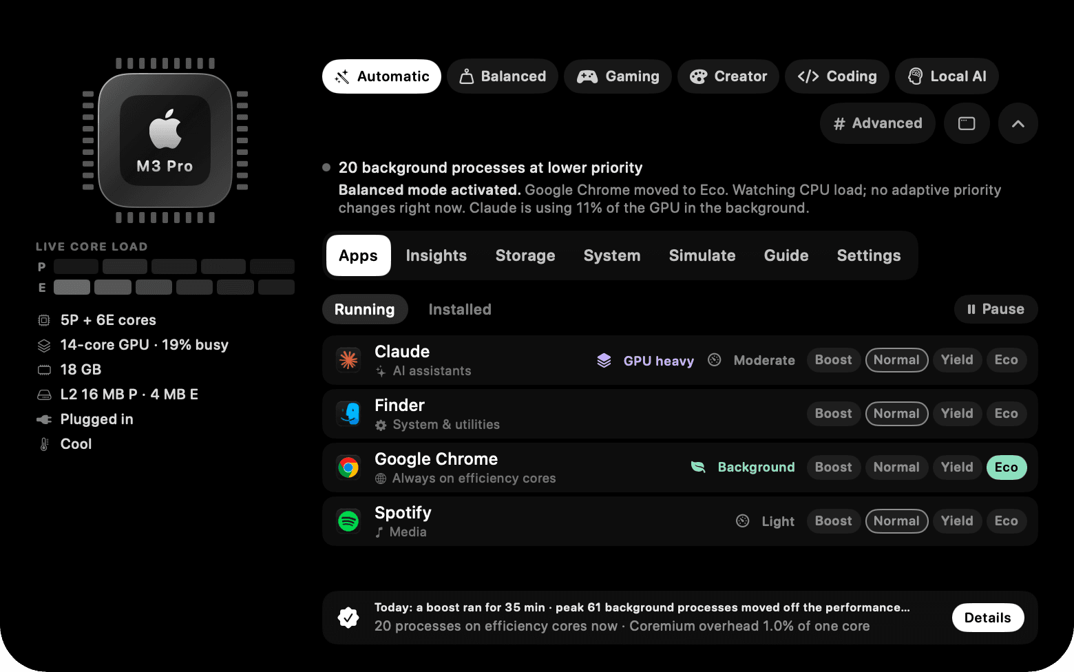 The Coremium notch panel, Apps tab: one choice per app.