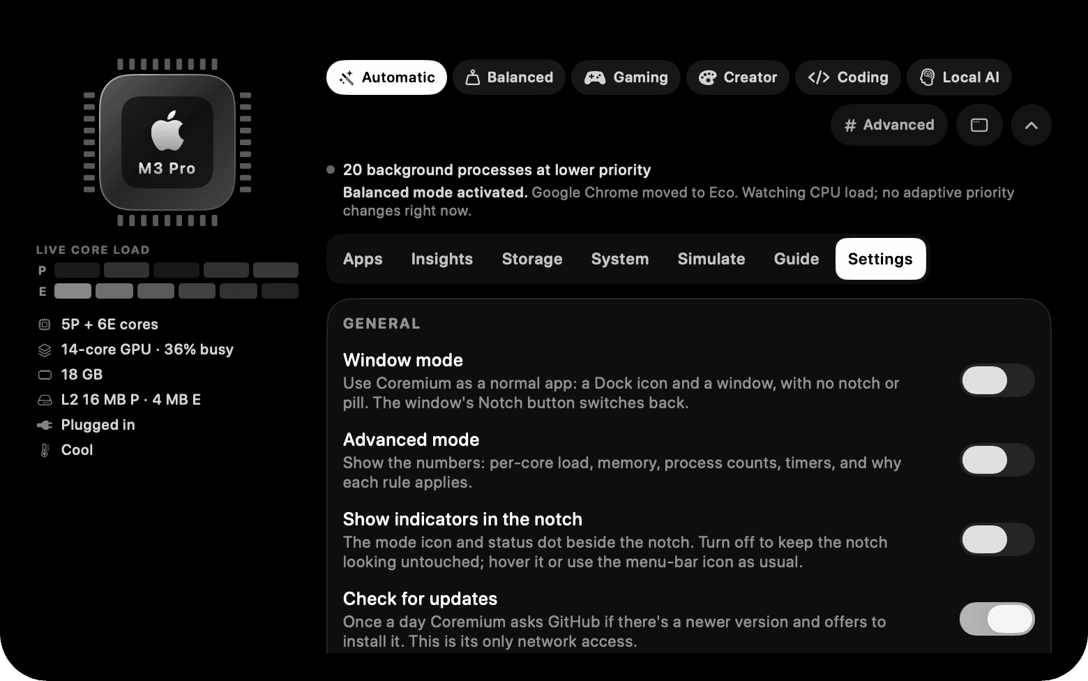 The Coremium notch panel, Settings tab: every switch explains itself.
