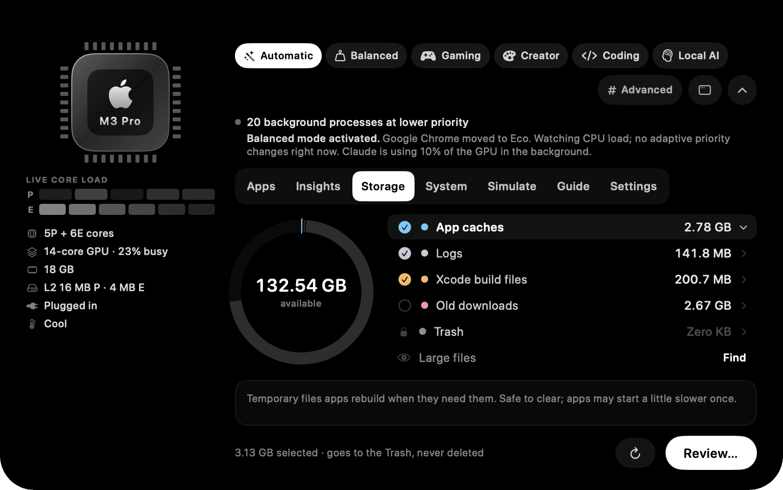 The Coremium notch panel, Storage tab: read-only until you say so.