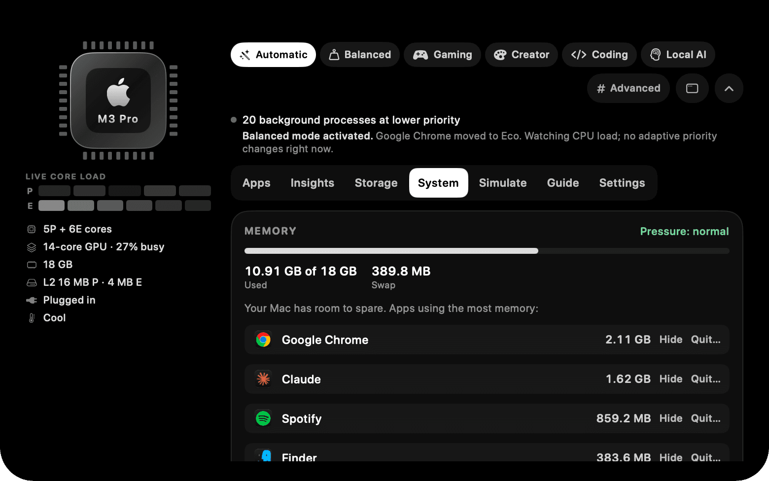The Coremium notch panel, System tab: memory, in plain words.